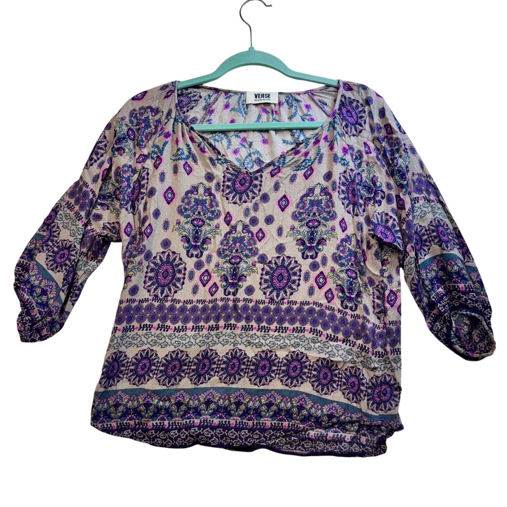 VERSE Bohemian Blouse Purple Floral Print 3/4 Sleeve Top‎ Made in USA S/M